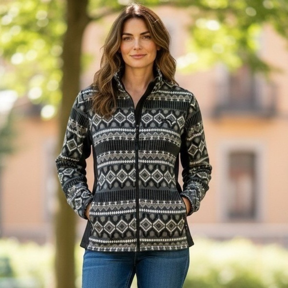 KARI TRAA (NEW) Fleece Jacket Womens XL Black Grey Geometric Full Zip Aztec NWT